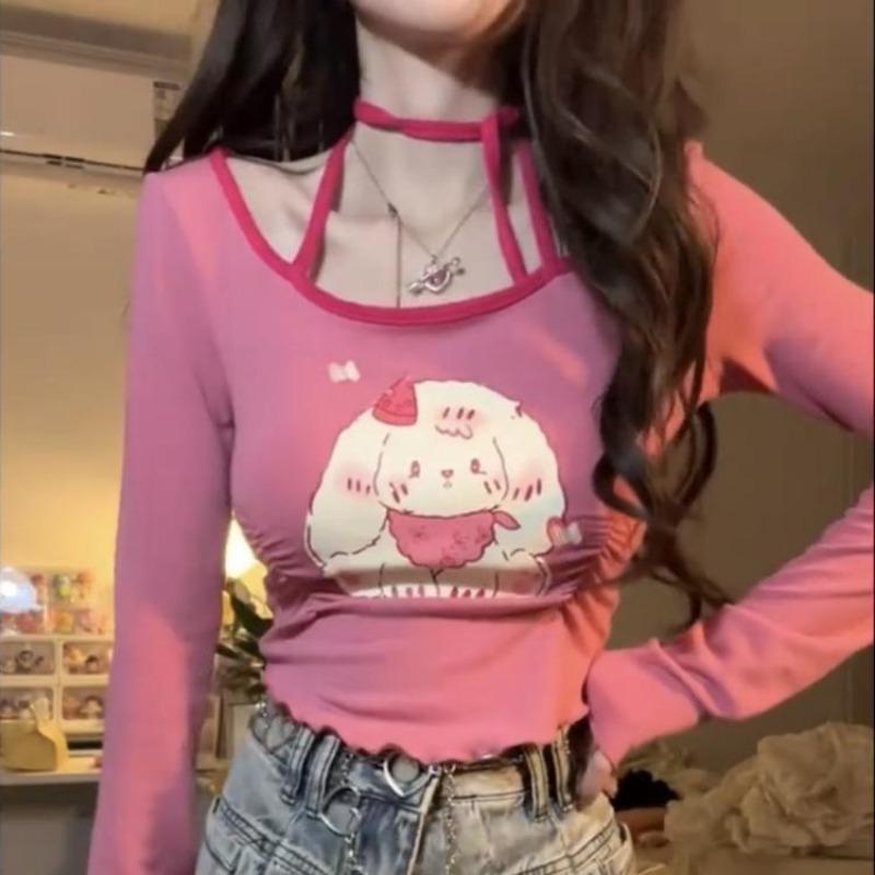 2KWEIRD Сладкая мультяшная футболка с плиссировкой Y2k Эстетика Асимметрия Фея Гранж Футболка Винтажный пэчворк Топ-халтер Харадзюку Уличная одежда