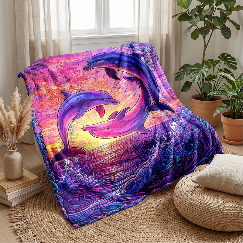 Dolphins Leaping at Sunset Theme blanket Lightweight Warm Flannel Blanket Decorative Throw Blanket for Home Decoration