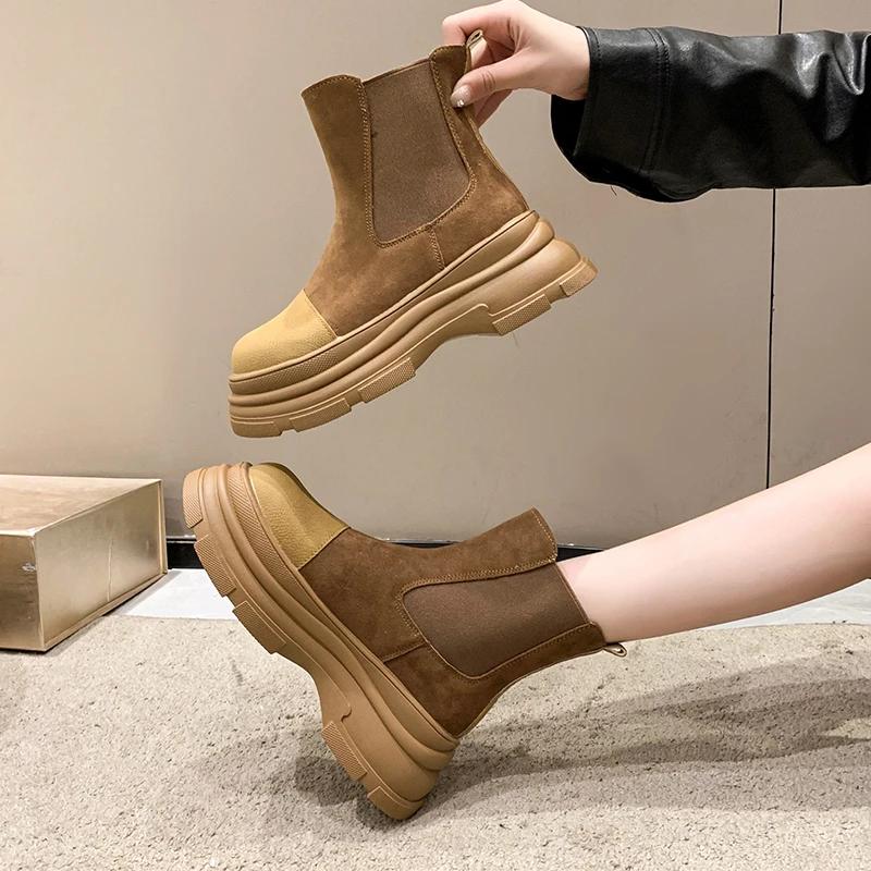 Мода Мода Универсальный Однотонный Женские Ботинки Толстая Подошва Круглый Носок Ботильоны Женская Меховая Панк Готическая Обувь