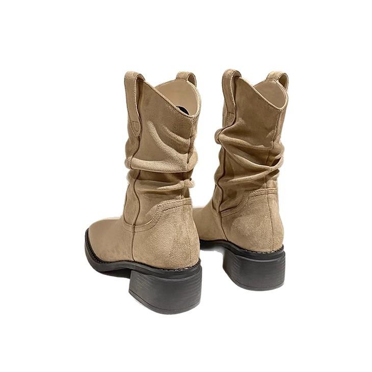 Популярные ретро плиссированные ботфорты 2025 новая осень и зима универсальный стиль острый носок тонкий толстый каблук короткие ботинки