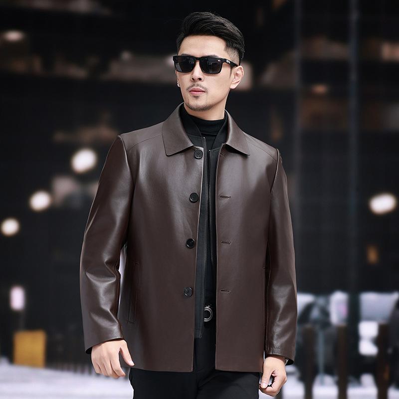 Мужская куртка из натуральной кожи осень-зима новая однобортная куртка средней длины из овчины для людей среднего и пожилого возраста