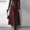 Women High Waist Side Zipper Faux PU Leather Flare Skirt