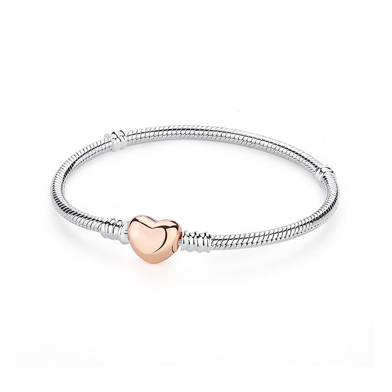 Original 925 Sterling Silver Bracelet For Women Charms Beads Rose Gold Heart Bracelets Bangles Snake Chain Luxury Jewelry Gift