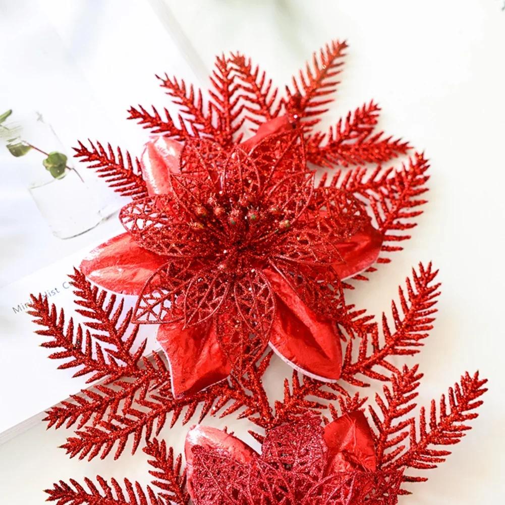2pcs Gold Glittered Christmas Floral Arrangement Holiday Decor For Trees Gold Dusted Christmas Flower 18x32cm
