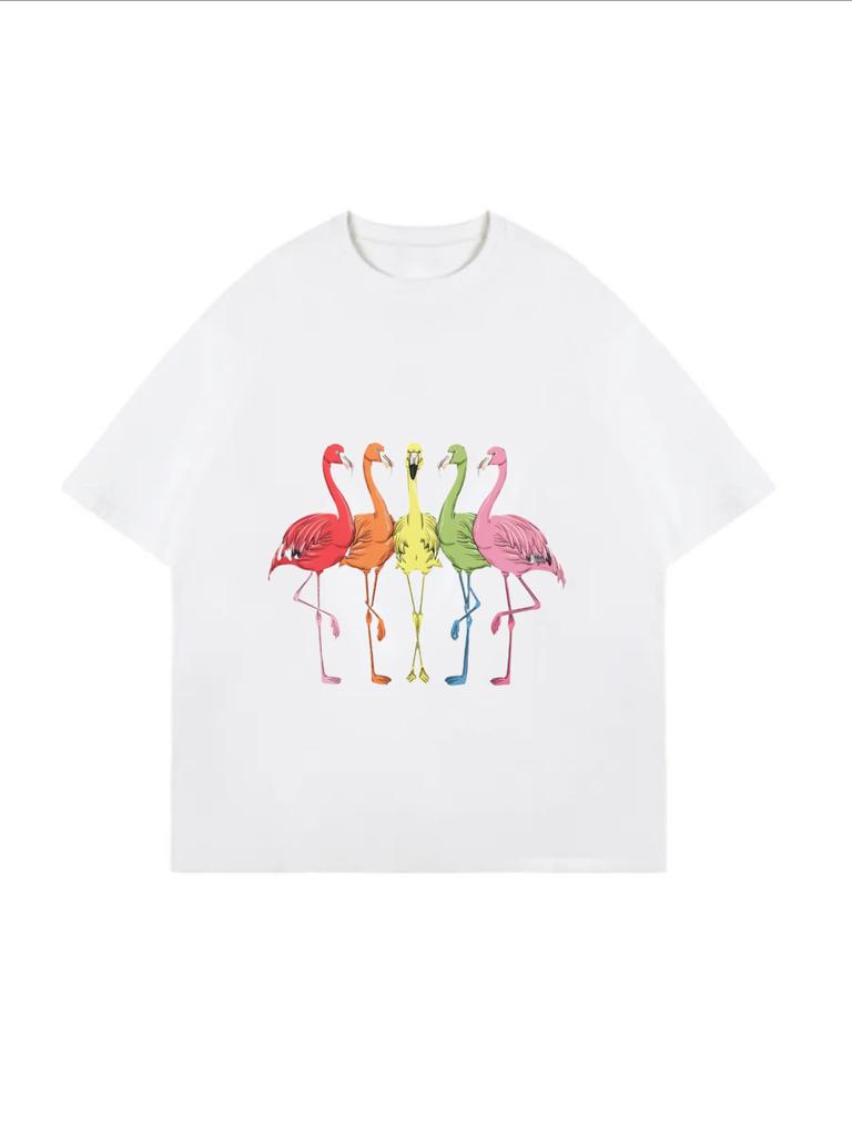 Oversized T Shirt White Flamingo Print Summer Casual Wear