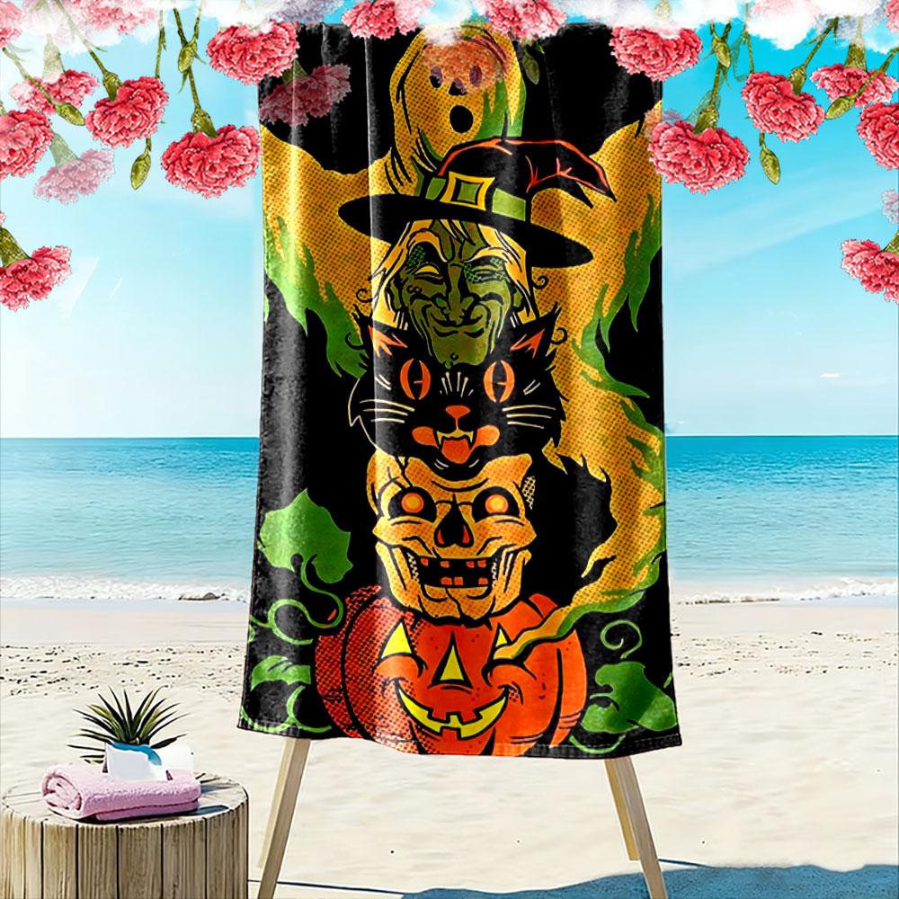 Ghostly witchy pumpkin stack Print beach towel, quick drying, suitable for travel, outdoor sports, jogging, the beach and swimming, gift