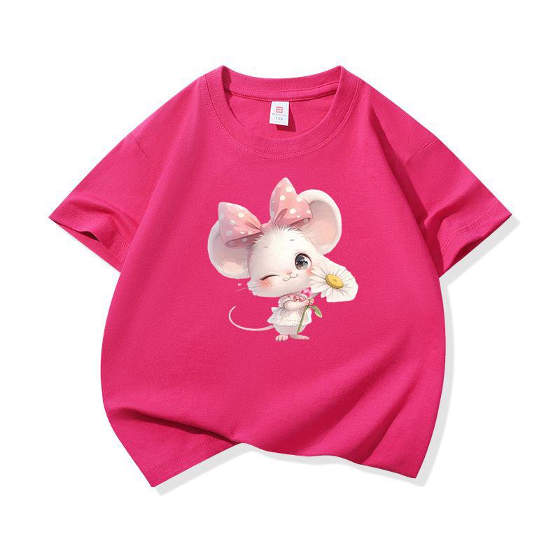 Kids Cotton T Shirt Adorable Mouse With Bow Flower Print Crew Neck Short Sleeve Tee Casual Boys Girls Summer Tops