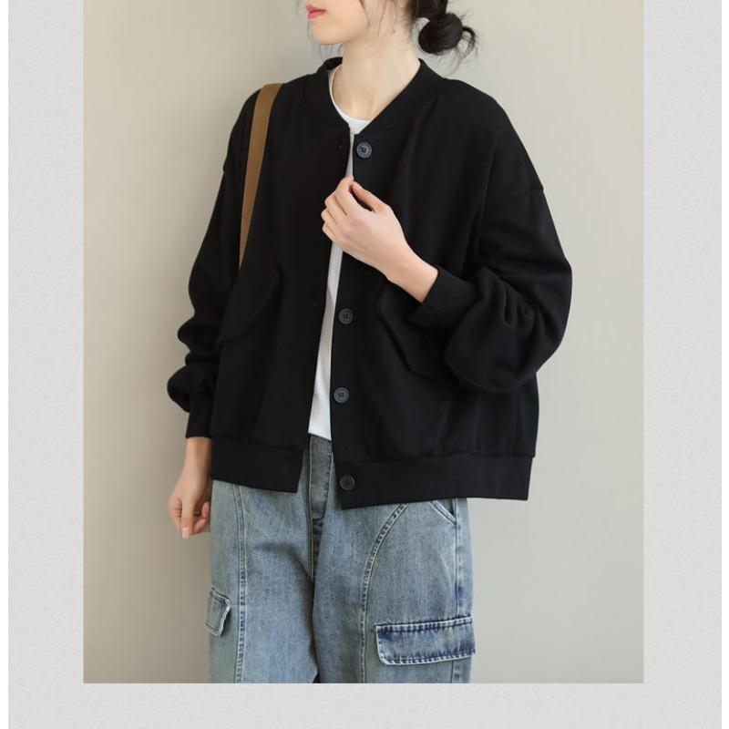 Женская хлопковая свободная литературная короткая куртка с длинными рукавами, однотонный воротник-стойка, универсальная повседневная блузка с карманами, прикрывающая мясо