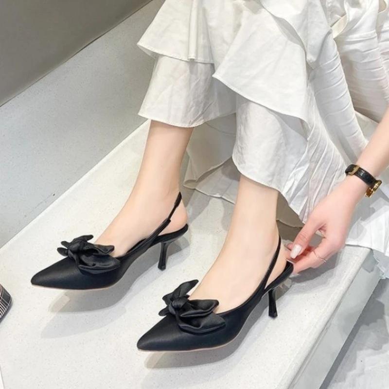 Женские туфли-лодочки, летние брендовые женские сандалии с открытой пяткой, модные женские элегантные модельные туфли-лодочки без шнуровки с острым носком и бантом