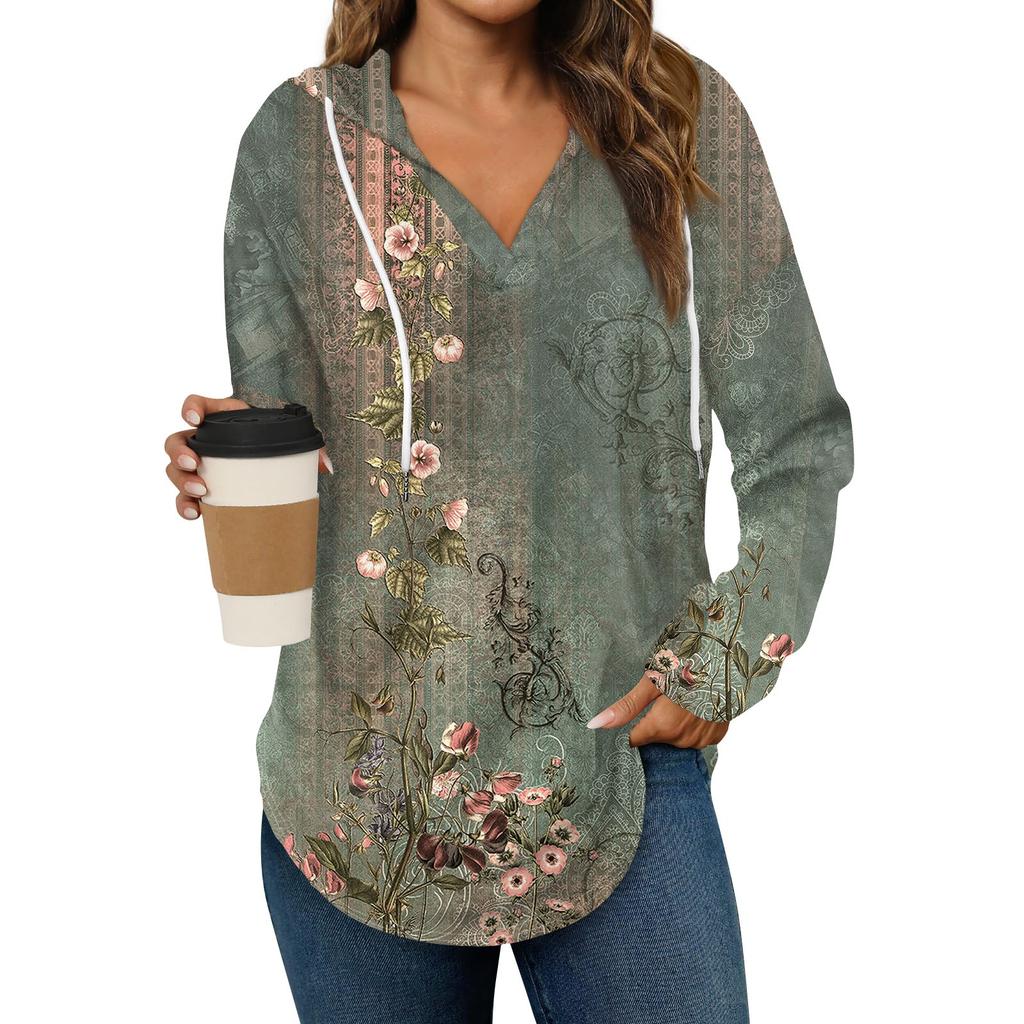 Women's Fashion Hoodies V Neck Long Sleeve Printed Drawstring Casual Loose Pullover Tops