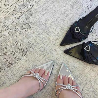 Тапочки Женские Летние Для Улицы Босоножки на Высоком Каблуке Тонкий Каблук Остроносые Шлепанцы Любовь Стразы Темперамент 202