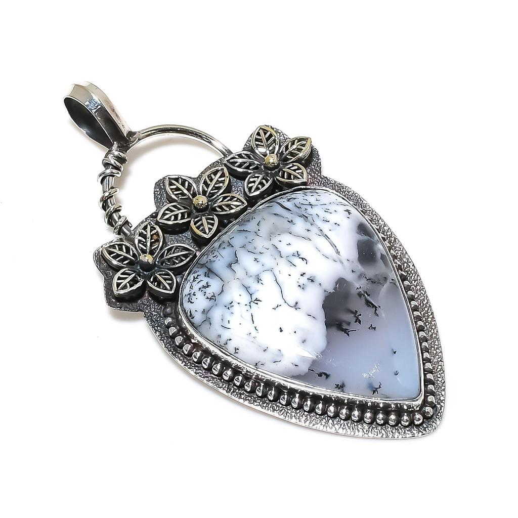 Серебряный кулон с натуральным опалом-дендритом из стерлингового серебра 925 пробы — цветочный дизайн ручной работы, повседневные украшения, уникальный кулон, подарок на День благодарения