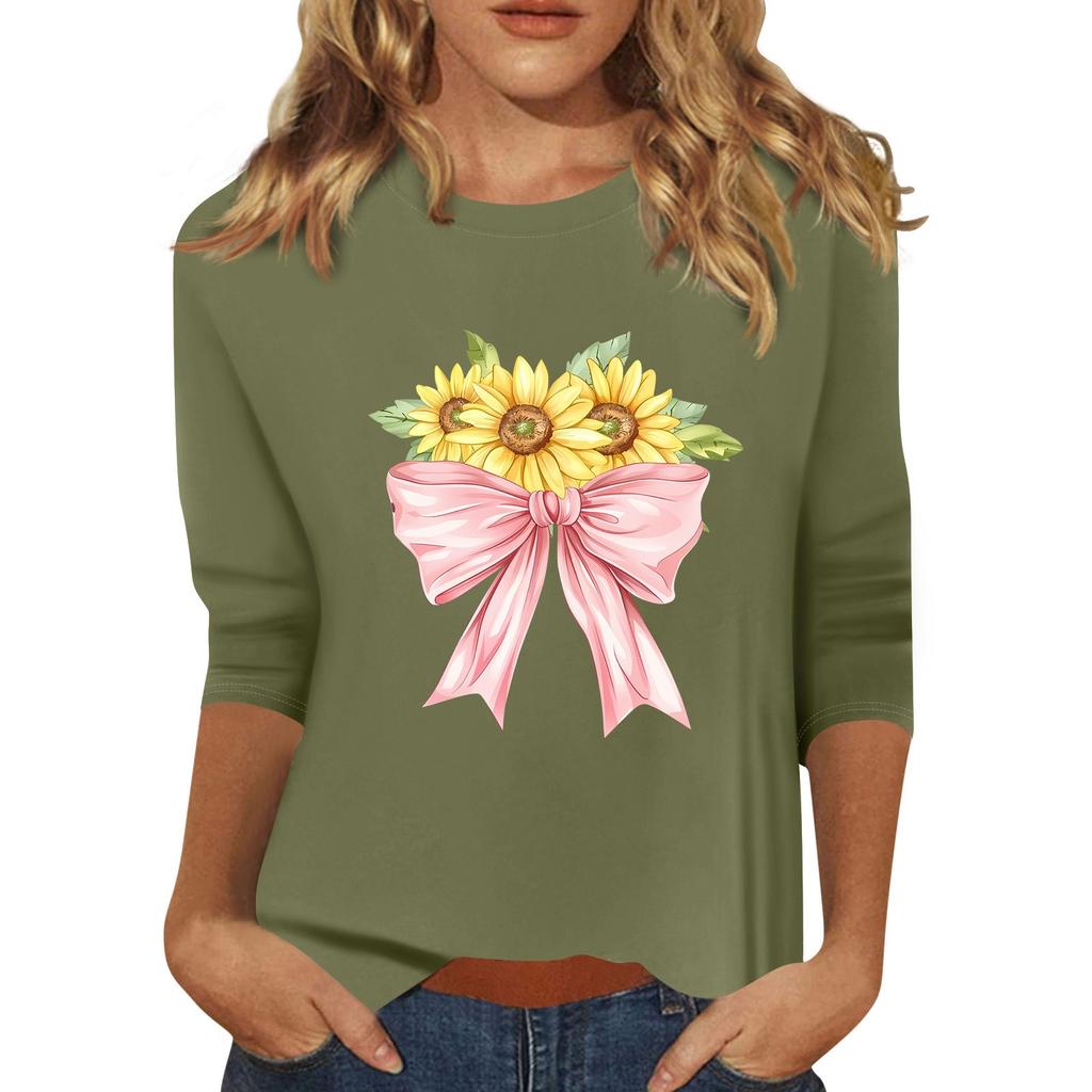 Женская мода повседневный принтованный топ с семью рукавами и круглым вырезом