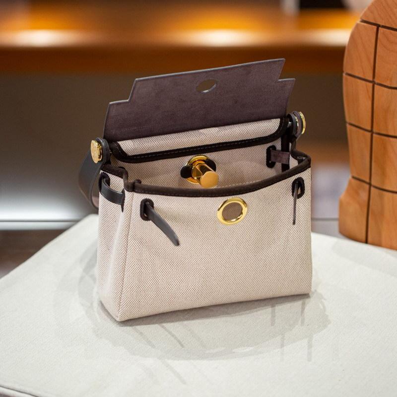 2026 New 20cm Cowhide With Canvas Leather Bag Mini Shoulder Crossbody Fabric Cross-border