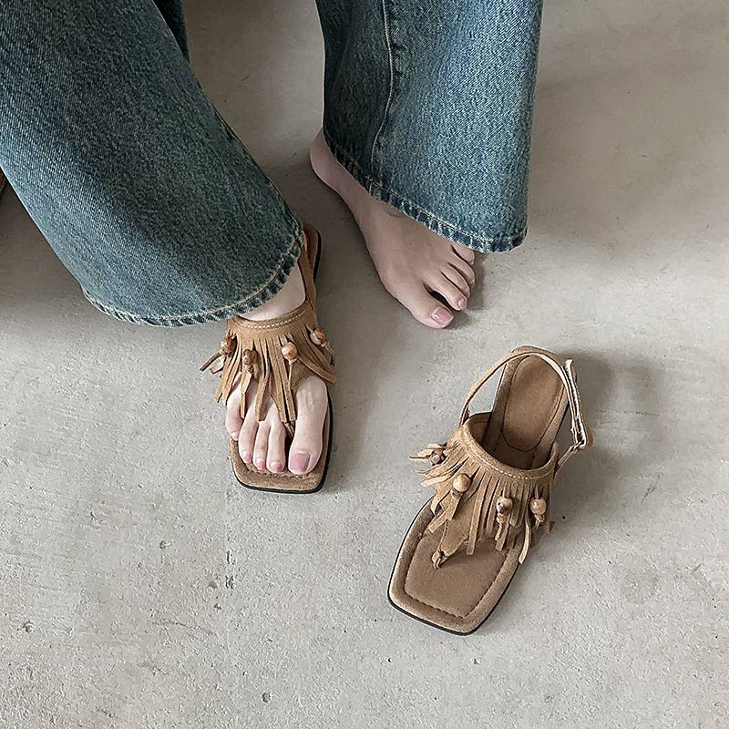 Krazing Pot Коровья замша нубук лето размер 40 липучка кисточка бахрома низкий каблук женские босоножки с открытым носком
