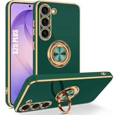 Чехол для Samsung Galaxy S26 Plus, Защитный Силиконовый Темно-Зеленый Противоударный с Вращающимся Кольцом