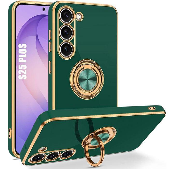 Чехол для Samsung Galaxy S26 Plus, Защитный Силиконовый Темно-Зеленый Противоударный с Вращающимся Кольцом