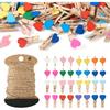 Pandahall 100pcs White Heart Clothespins Wooden Photo Paper Peg Pin Craft Clips with 10.9 Yards Natural Jute Twine for Paper Photo Display Hanging