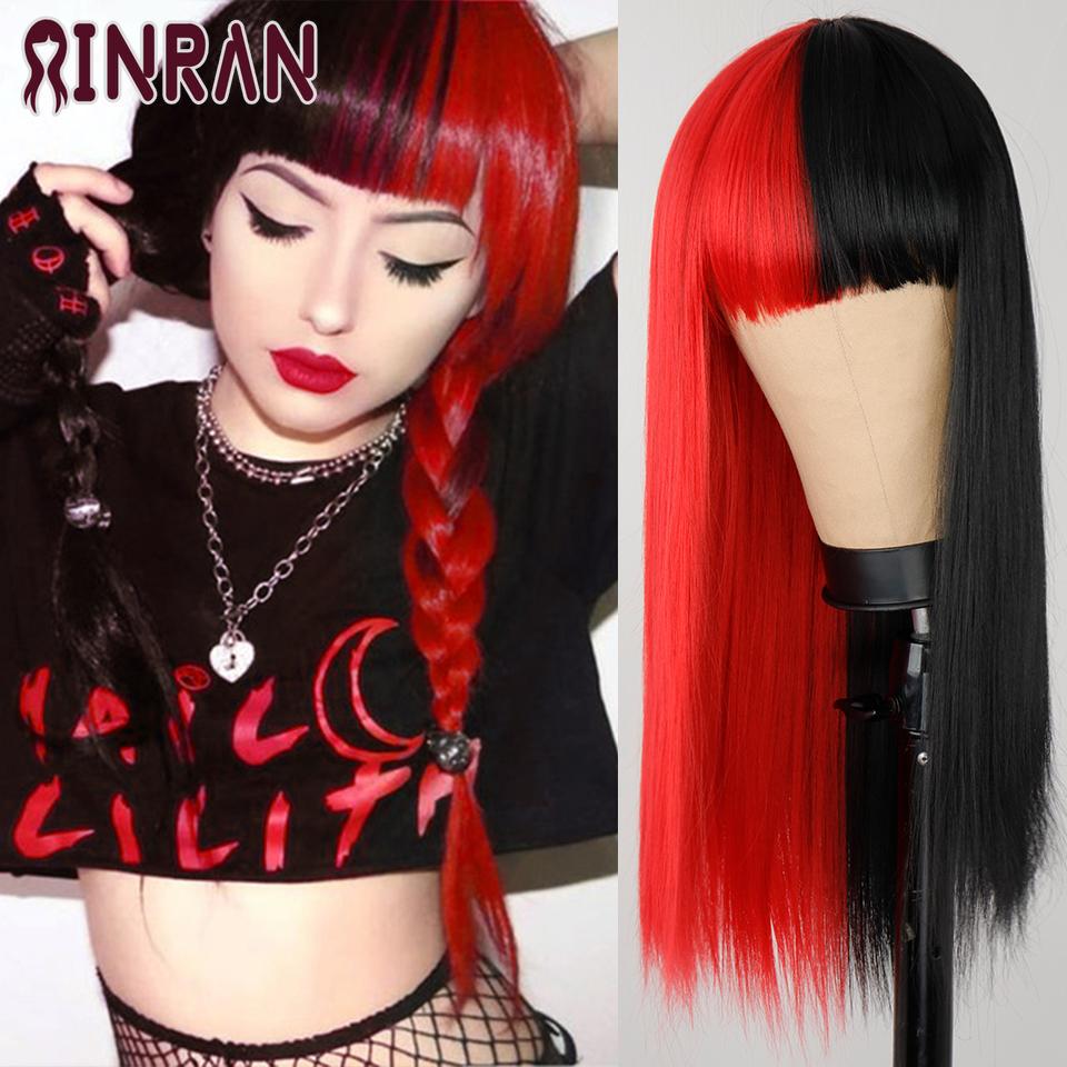 XINRAN Long Straight Wine Red Wig With Bang Synthetic Wigs for Women Heat Resistant Natural Hair for Daily Halloween Cosplay Party