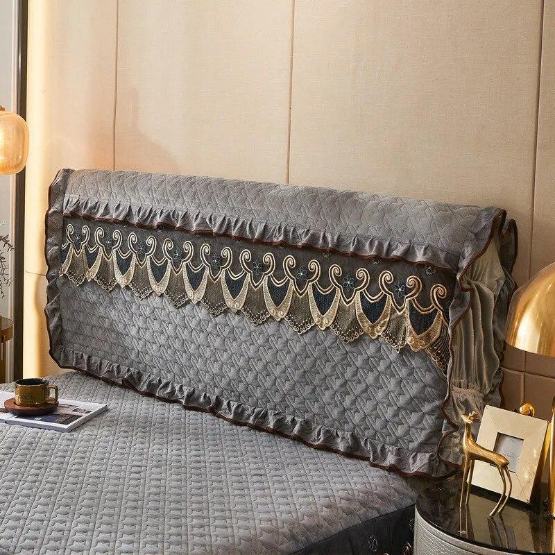 Lace Headboard Cover for Queen Bed Plush Velvet Double Size King Quilted Anti-collision Full Coverage Back Protector with Pocket