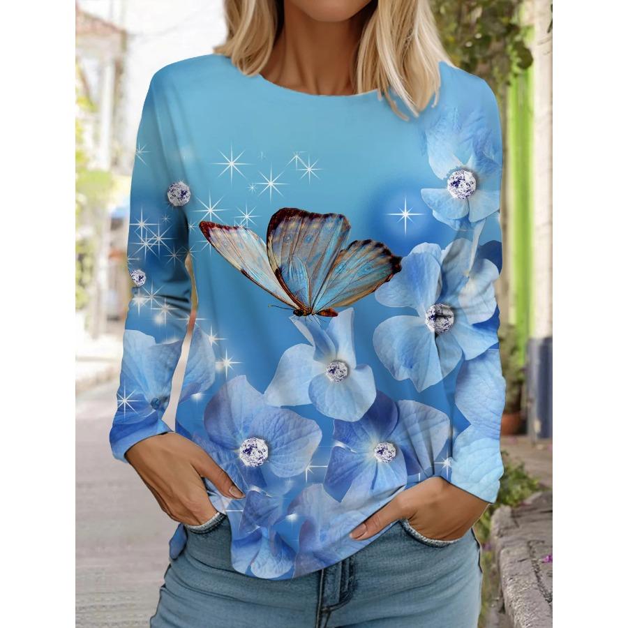 Модная женская футболка с длинным рукавом с цветочным узором, толстовка для девочек в стиле Харадзюку, одежда для взрослых с 3D-принтом в виде бабочки, женские топы, футболки