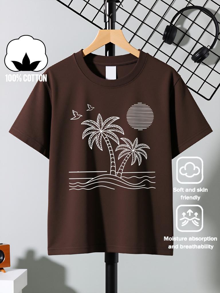 Palm Wave Beach Pattern Youth Trendy Short Sleeved T-shirt Summer New Fashionable Casual Loose Versatile Parent Child Clothes