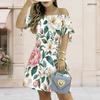 Women Plus Size Off Shoulder Short Sleeve Tie Cuff White Pink Floral Printed A Line Dress