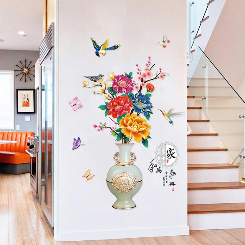 Chinese Style Classical Vase Flower Wall Sticker Rose Lotus Butterfly Decoration Decals Removable Wall Art Home Decor
