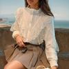 Long Sleeve Ruffled Stitching Lace Women Shirt Korean Fashion Elegant Stand Collar Tops Mesh Crochet Loose Simple Blouse 29790