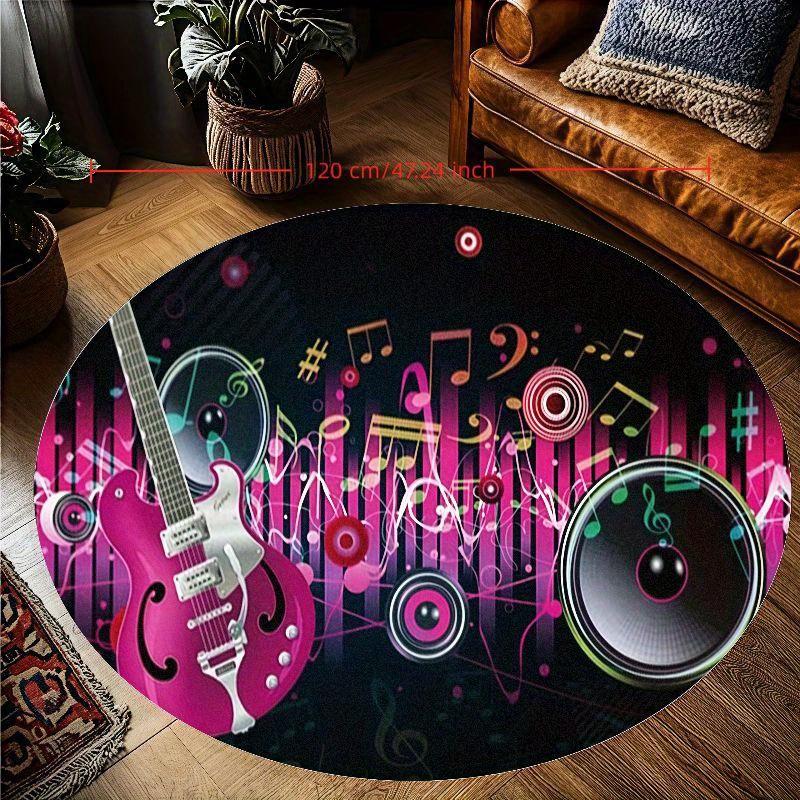 Large Round Music Theme Rug for Kids Playroom Concert Vinyl Mat Decor Musical Band Neon Style Floor Carpet