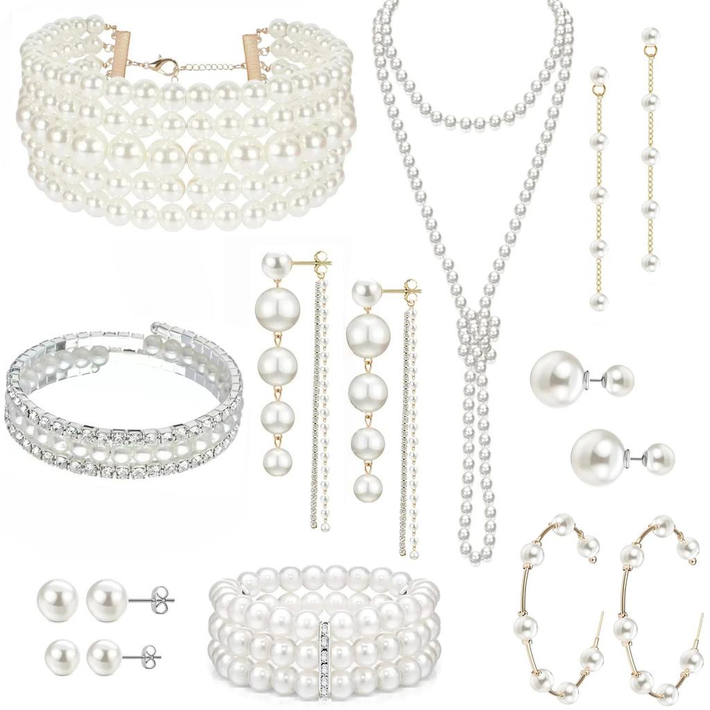Fashion Multi - Layer Pearl Necklace Set , Rhinestone Statement Layered Choker , Light Jewelry for Women