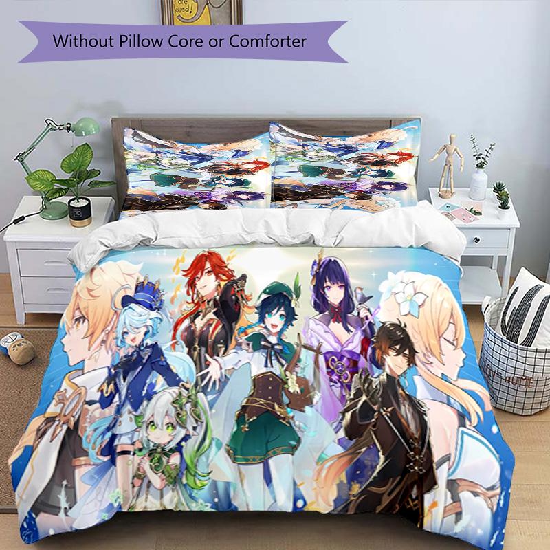 3pcs Genshin Impact characters9 pattern bedding set duvet cover set includes duvet cover &pillowcases, perfect all season bedroom decoration & gift