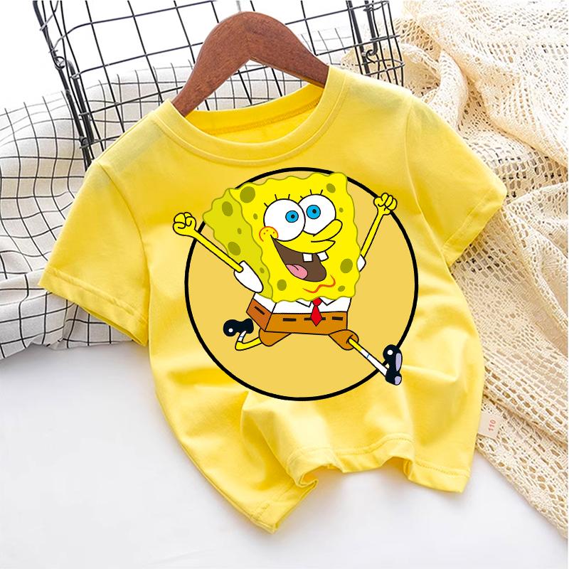 Cute SpongeBobs T-shirt Kids Anime Round Role Boys Girl Toddler Cotton Streetwear Tees Casual Short Sleeve Childern Clothes Tops