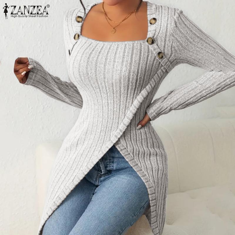 ZANZEA Женская повседневная тонкая блузка с квадратным воротником и длинным рукавом, нерегулярный подол