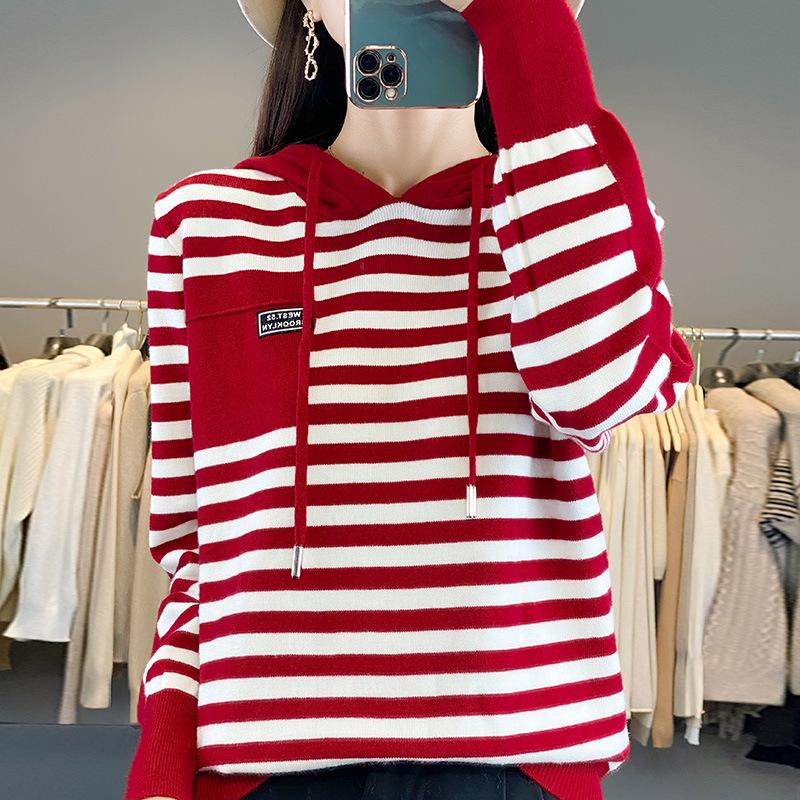 Модный худи с капюшоном Осень Женский Полосатый Colorblocking Повседневный Вязаный топ с капюшоном