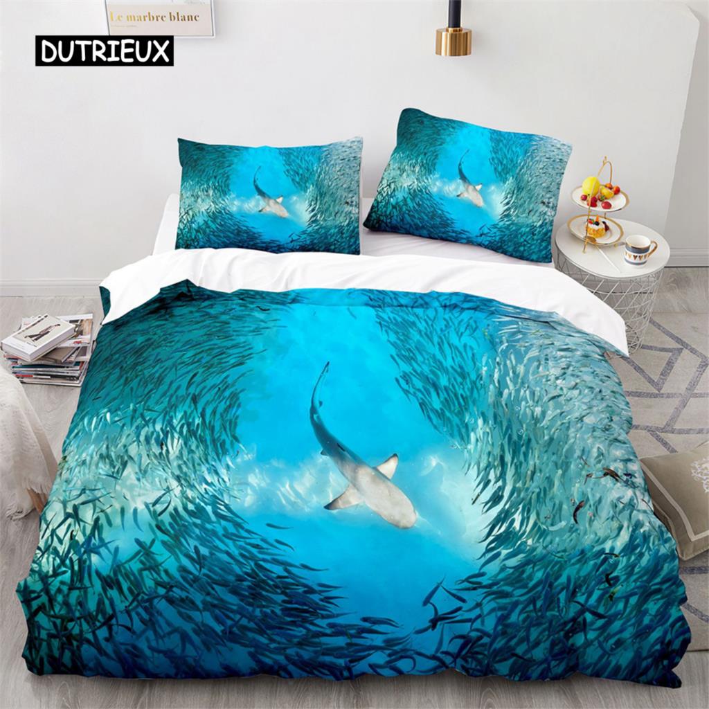 3D Shark Fish Duvet Cover Beach Ferocious Shark Theme Bedding Set Ocean Sea Comforter Cover for Kids Women Men Room Decorations