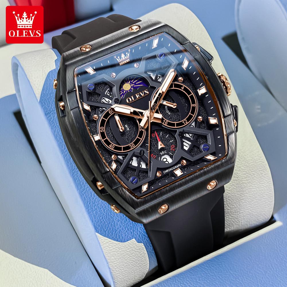 OLEVS 2942 Mens Watch Fashion Silicone Strap Skeleton Tonneau Quartz Watch Waterproof Luminous Sports Watches For Men Gift Reloj
