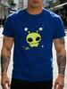 Unisex Royal Blue Tee Cute Cartoon Alien Ufo Star Space Print Short Sleeve Loose Casual Street Basic Top For Male Daily Wear Outfit