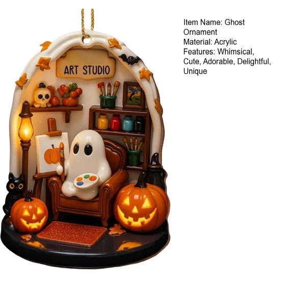 Halloween Ghost Ornament Acrylic Ghost-Themed Reading Cooking Painting Ornament Tree Hanging Decoration for Indoor Home Decor