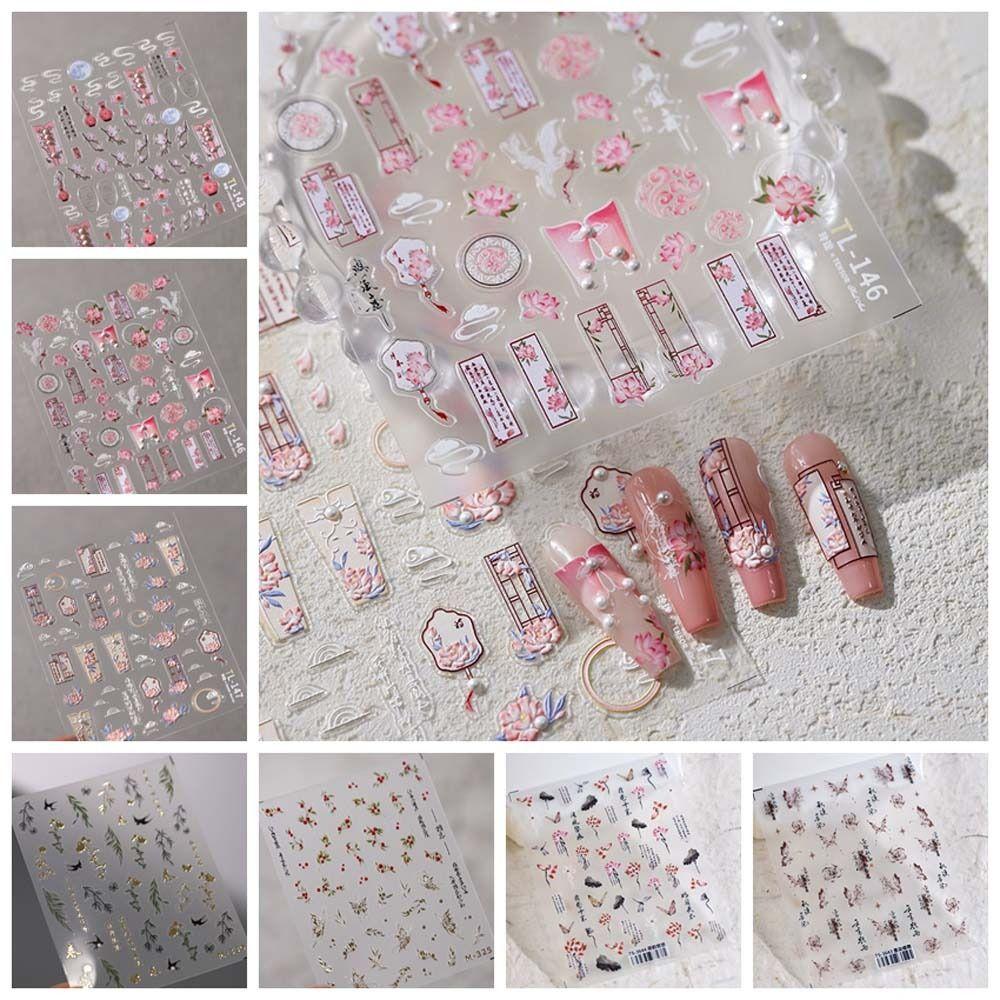 Наклейки для ногтей с китайскими цветами и жемчугом, бамбуковые листья, китайские украшения для ногтей, леди