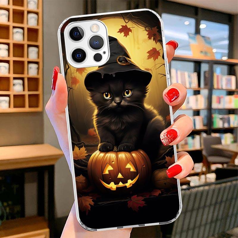 Black Kitten Halloween Pumpkin Cover Phone Case For iPhone 16 17 Air 15 14 Pro Max 16E Phone Case 13 Mini 12 11 7 SE 8 Print Pat