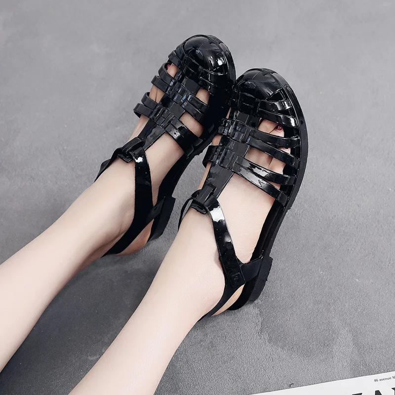 Модные летние новые модные дышащие сандалии баотоу для женщин на низкой подошве с прозрачными кристальными желейными туфлями летняя женская обувь