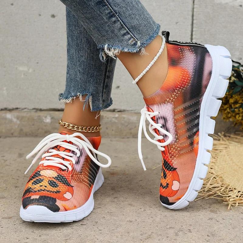 Модные женские кроссовки с принтом и вязанием, осенние новые дышащие сетчатые кроссовки для бега, женские повседневные туфли на плоской подошве, без застежек 20