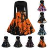 Halloween Print Flare Dress For Women Long Sleeve Dress Hollow Party Casual Round Neck Dresses