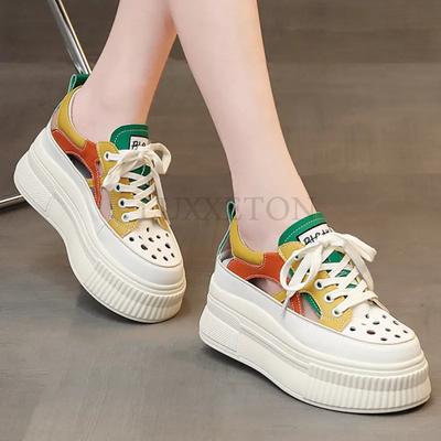 Кроссовки из натуральной кожи со скрытым каблуком, на платформе и танкетке, 7 см, лето-весна, женские, на шнуровке, разноцветные, удобные