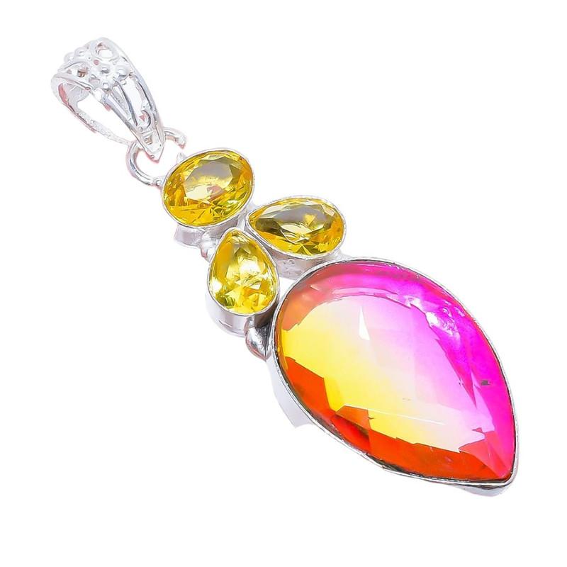 Bi-Color Tourmaline, Citrine 925 Sterling Silver Jewelry Pendant 2.5" AH-3302
