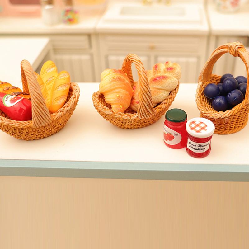 Miniature Dollhouse Fruit And Bread Basket Model Accessories Pretend Kitchen Food For Doll Toy Scene Photography Props