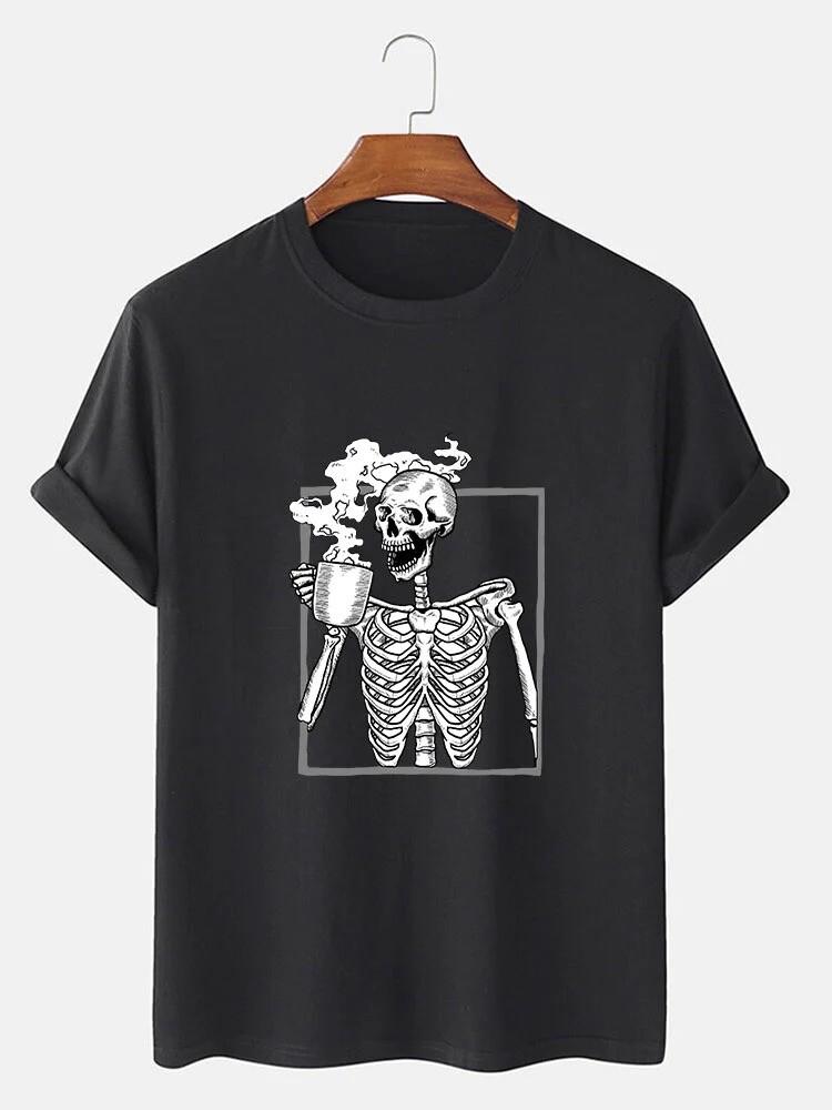 Grateful Skeleton Drinking Coffee Funny T-Shirt Size Small Halloween
