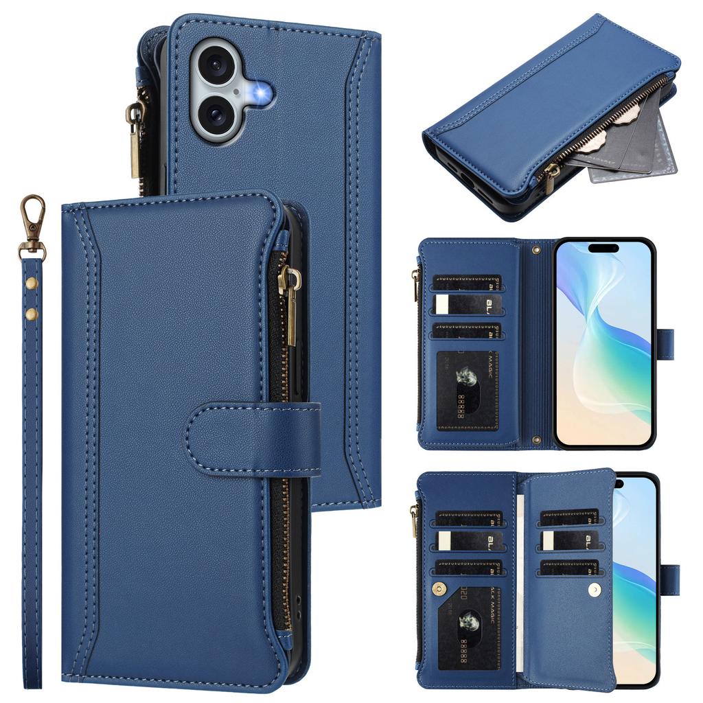 For iPhone 16 Plus Leather Case 9 Card Slots Zipper Wallet Stand Phone Cover with Wrist Strap