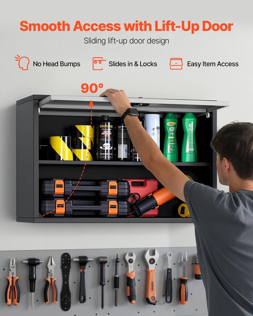 Metal Wall Cabinet, 77W x 30.5D x 50H cm, Floating Garage Tool Cabinet with Up-Flip Door and Shelf, 108.9 kg Load Capacity, Fit for Garage, Basement,